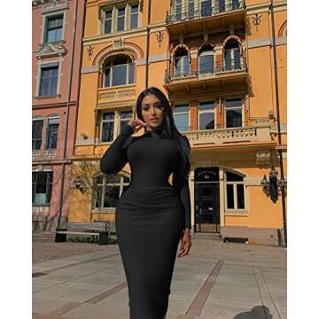 GOBLES Women's Sexy Turtleneck Long Sleeve Elegant Bodycon Party Long Dress Black