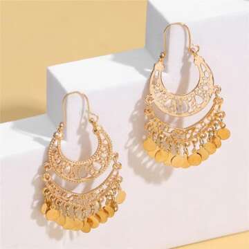 coadipress Bohemian Chandelier Coin Dangle Drop Earrings for Women Ethnic Gypsy Beads Tassel Sequins...