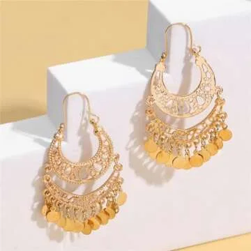 coadipress Bohemian Chandelier Coin Dangle Drop Earrings for Women Ethnic Gypsy Beads Tassel Sequins...