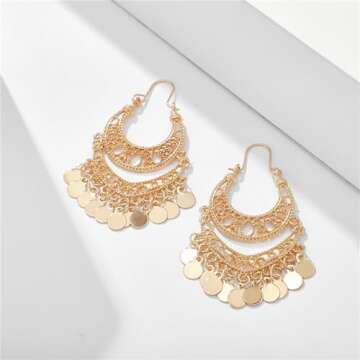 coadipress Bohemian Chandelier Coin Dangle Drop Earrings for Women Ethnic Gypsy Beads Tassel Sequins Earrings Vintage Tribal Chandelier Coins Geometric Hollow Out Earrings Jewelry Gifts (gold)