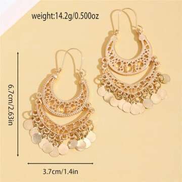 coadipress Bohemian Chandelier Coin Dangle Drop Earrings for Women Ethnic Gypsy Beads Tassel Sequins Earrings Vintage Tribal Chandelier Coins Geometric Hollow Out Earrings Jewelry Gifts (gold)