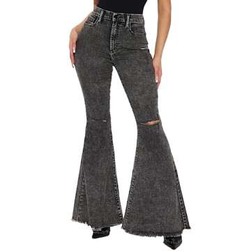vunahzma Women's Flare Bell Bottom Black Jeans Knee Ripped Fitted Destroyed Flare Denim Pants 70s Outfits for Women(X-Large, Black-4013)