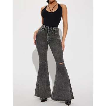 vunahzma Women's Flare Bell Bottom Black Jeans Knee Ripped Fitted Destroyed Flare Denim Pants 70s Outfits for Women(X-Large, Black-4013)