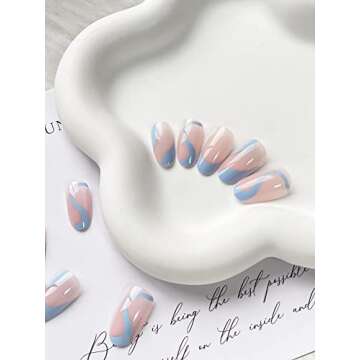 24 Pcs Press on Nails Medium Summer French Tip Almond Fake Nails Full Cover False Nails with Blue Sw...