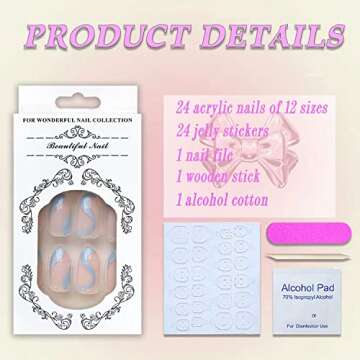 24 Pcs Press on Nails Medium Summer French Tip Almond Fake Nails Full Cover False Nails with Blue Swirl Designs Glossy Blue Nail Tip Acrylic Nails Artificial Nails for Women Girls