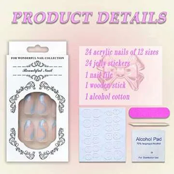 24 Pcs Press on Nails Medium Summer French Tip Almond Fake Nails Full Cover False Nails with Blue Swirl Designs Glossy Blue Nail Tip Acrylic Nails Artificial Nails for Women Girls