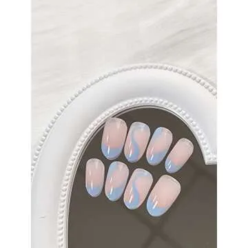 24 Pcs Press on Nails Medium Summer French Tip Almond Fake Nails Full Cover False Nails with Blue Swirl Designs Glossy Blue Nail Tip Acrylic Nails Artificial Nails for Women Girls