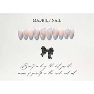 24 Pcs Press on Nails Medium Summer French Tip Almond Fake Nails Full Cover False Nails with Blue Swirl Designs Glossy Blue Nail Tip Acrylic Nails Artificial Nails for Women Girls