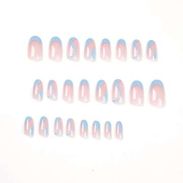 24 Pcs Press on Nails Medium Summer French Tip Almond Fake Nails Full Cover False Nails with Blue Swirl Designs Glossy Blue Nail Tip Acrylic Nails Artificial Nails for Women Girls