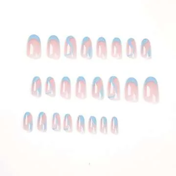 24 Pcs Press on Nails Medium Summer French Tip Almond Fake Nails Full Cover False Nails with Blue Swirl Designs Glossy Blue Nail Tip Acrylic Nails Artificial Nails for Women Girls