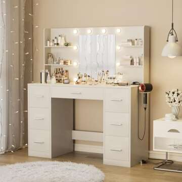 Furmax Vanity Desk with Mirror, LED Lights and Power Outlet Makeup Vanity Table with 7 Drawers and 6...