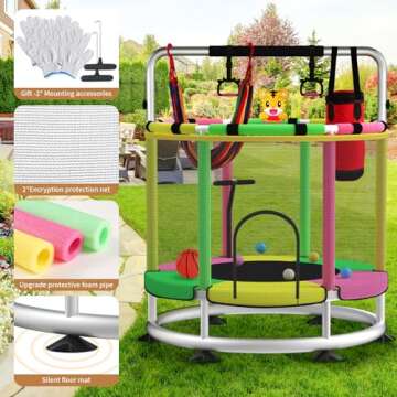 Trampoline for Kids, Update T-handrail Adjustable Baby Toddler Trampoline with Basketball Hoop, 440lbs Anti-Rollover Round Bottom Indoor Outdoor Toddler Trampoline with Enclosure (Light Green Pink)