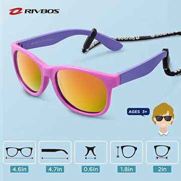 RIVBOS kids Sunglasses Girls with Strap Polarized UV Protection Flexible Shades for Baby and Children Age 2-10 RBK023-1 Pink Coating Lens