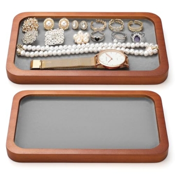 CroBlissful 2 Pack Solid Wood Jewelry Display Tray, 8.3 x 5.1 x 0.6 Inch Valet Velvet Inserts Tray S...