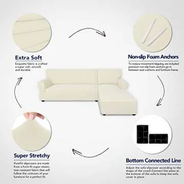 PureFit Super Stretch Sectional Couch Covers, Spandex, Non Slip - 2 pcs Covers with Elastic Bottom for L Shape Sofa, Great for Kids & Pets (3 Seat Sofa + 3 Seat Chaise, Ivory)