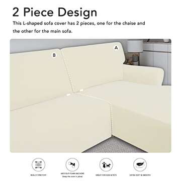 PureFit Super Stretch Sectional Couch Covers, Spandex, Non Slip - 2 pcs Covers with Elastic Bottom for L Shape Sofa, Great for Kids & Pets (3 Seat Sofa + 3 Seat Chaise, Ivory)