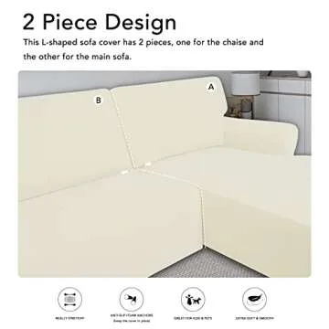 PureFit Super Stretch Sectional Couch Covers, Spandex, Non Slip - 2 pcs Covers with Elastic Bottom for L Shape Sofa, Great for Kids & Pets (3 Seat Sofa + 3 Seat Chaise, Ivory)