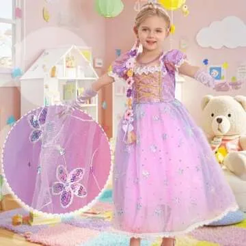 iTVTi Princess Rapunzel Costume Little Girls Dress Up for Birthday Party Halloween Carnival, 5-6 Years(Tag 130)