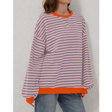 TERIVEEK Women Oversized Striped Color Block Long Sleeve Crew Neck Sweatshirt Casual Loose Pullover Y2K Shirt Top Pink Blue