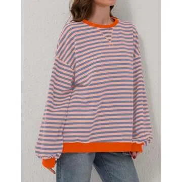 TERIVEEK Women Oversized Striped Color Block Long Sleeve Crew Neck Sweatshirt Casual Loose Pullover Y2K Shirt Top Pink Blue