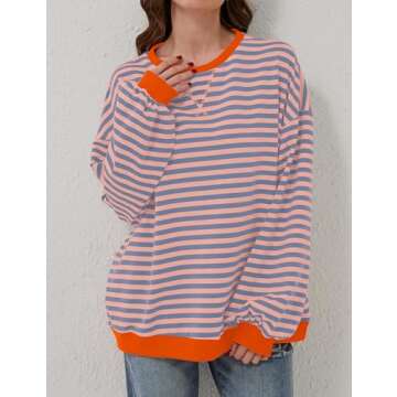 TERIVEEK Women Oversized Striped Color Block Long Sleeve Crew Neck Sweatshirt Casual Loose Pullover Y2K Shirt Top Pink Blue