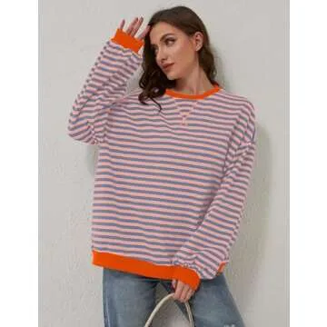 TERIVEEK Women Oversized Striped Color Block Long Sleeve Crew Neck Sweatshirt Casual Loose Pullover Y2K Shirt Top Pink Blue