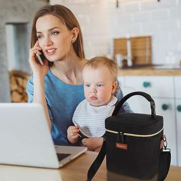 Mancro Breastmilk Cooler Bag with Ice Pack, Fits 6 Baby Bottles Up to 9 Ounce Insulated Bottle Bag, Breast Milk on The go Strap, for Nursing Mom Daycare, Black