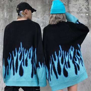 Vamtac Womens Crewneck Oversized Flame Graphic Sweater