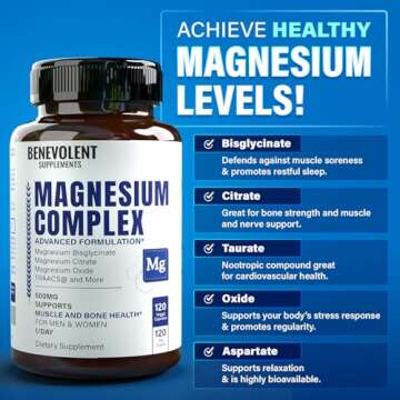 Magnesium Complex Supplement, 4 Month Supply of 500mg 5-in-1 Magnesium Bisglycinate, Oxide, Taurate, Chelate, Citrate, Max Absorption Magnesium Supplement for Calm, Sleep & Leg Cramps, 120 Capsule
