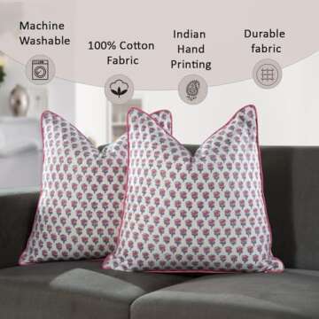 CPC 100% Cotton Throw Pillow Covers 20x20 Inch, Set of 2 Pink Block Print Pattern Couch Pillow, Cute...