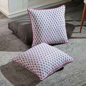 CPC 100% Cotton Throw Pillow Covers 20x20 Inch, Set of 2 Pink Block Print Pattern Couch Pillow, Cute Boho Decorative Pillows for Living Room, Bedroom with Hidden Zipper- Pink Sapphire