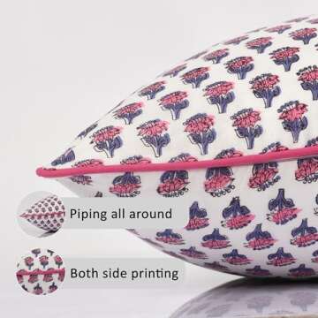 CPC 100% Cotton Throw Pillow Covers 20x20 Inch, Set of 2 Pink Block Print Pattern Couch Pillow, Cute Boho Decorative Pillows for Living Room, Bedroom with Hidden Zipper- Pink Sapphire