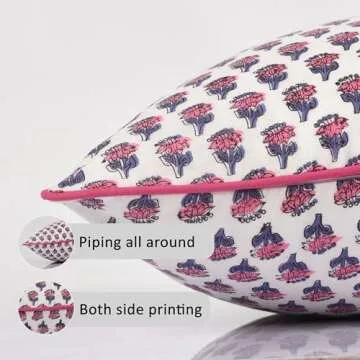 CPC 100% Cotton Throw Pillow Covers 20x20 Inch, Set of 2 Pink Block Print Pattern Couch Pillow, Cute Boho Decorative Pillows for Living Room, Bedroom with Hidden Zipper- Pink Sapphire