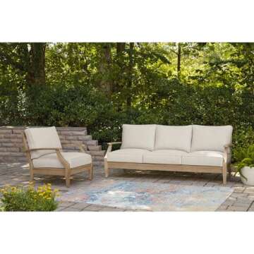 Signature Design by Ashley Carter Hall Outdoor Eucalyptus Patio Lounge Chair with Cushion, Beige