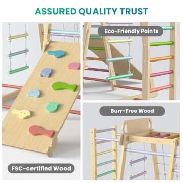 Upgraded Indoor Playground 9-in-1 Jungle Gym Kids Climbing Toys, Montessori Philosophy Waldorf Style Wooden Climber Playset with Slide, Swing, Monkey Bars, Upright/Rope Ladder, Climb Net, Rainbow