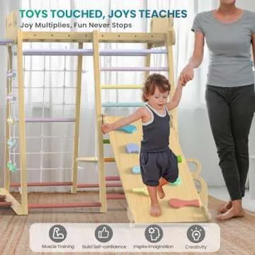 Upgraded Indoor Playground 9-in-1 Jungle Gym Kids Climbing Toys, Montessori Philosophy Waldorf Style Wooden Climber Playset with Slide, Swing, Monkey Bars, Upright/Rope Ladder, Climb Net, Rainbow