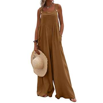 imbpceu Women's Summer Solid Color Jumpsuit Sleeveless Wide Leg Jumpsuit Button Suspender Overalls Loose Vacation Rompers Brown L