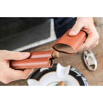 CASE ELEGANCE Monogrammed Two Cigar Travel Vegan Leather Case in Chestnut Brown