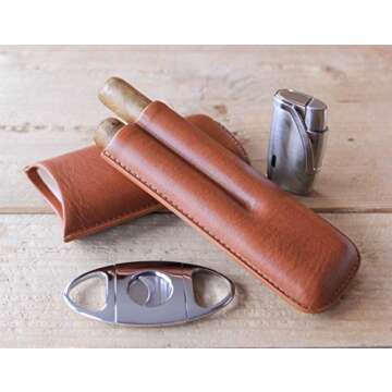 CASE ELEGANCE Monogrammed Two Cigar Travel Vegan Leather Case in Chestnut Brown