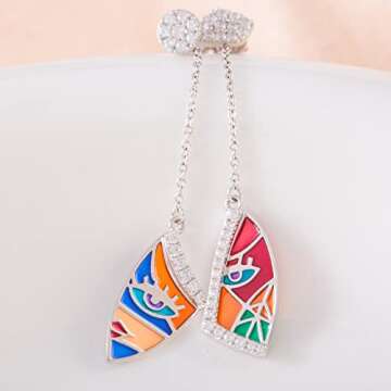 R.Y.FLY Picasso's Painting Abstract Face Women's Dangle Earrings,925 Sterling Silver/Multi-colored Enamel,Anniversary/Birthday/Mothers Day Gifts for Women