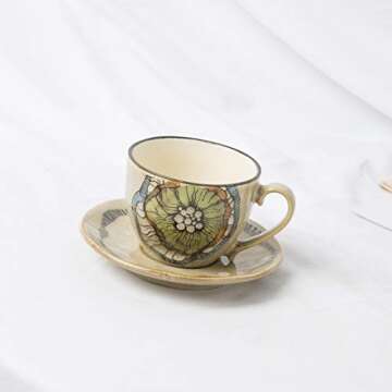 Coco Avatar Thick Ceramic coffee mug Handdrawn artcraft cofee cup with saucer in gift box 8oz(Lotus)