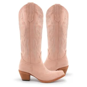 KaroNairy Women Cowboy Boots Faux Suede Embroidered Pointed Thick Heeled Western Wide Calf Cowgirl Ponited Toe Mid Calf Boots Light Pink7.5