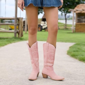 KaroNairy Women Cowboy Boots Faux Suede Embroidered Pointed Thick Heeled Western Wide Calf Cowgirl Ponited Toe Mid Calf Boots Light Pink7.5