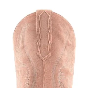 KaroNairy Women Cowboy Boots Faux Suede Embroidered Pointed Thick Heeled Western Wide Calf Cowgirl Ponited Toe Mid Calf Boots Light Pink7.5