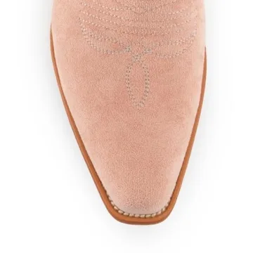 KaroNairy Women Cowboy Boots Faux Suede Embroidered Pointed Thick Heeled Western Wide Calf Cowgirl Ponited Toe Mid Calf Boots Light Pink7.5