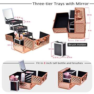Joligrace Makeup Train Case Cosmetic Box 10 Inches Jewelry Organizer Professional 3 Tiers Trays with Mirror and Brush Holder Lockable Key Portable Travel - Rose Gold
