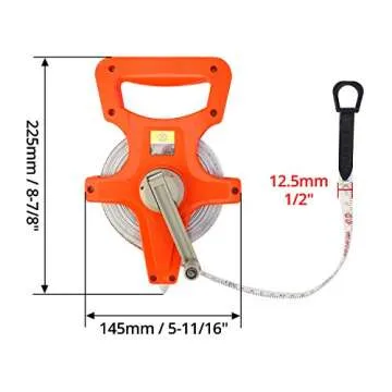 QWORK 1/2" x 100' Fiberglass Tape Measure, Engineer's Open Reel Dual Sided Measure, Orange