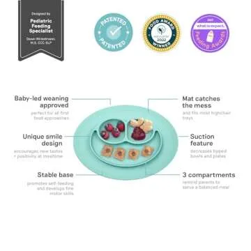 ezpz Mini Mat for 12 Months+ (Aqua) - 100% Silicone Baby Plates with Suction and Built-in Placemat for Infants + Toddlers - Baby Led Weaning - for Highchair, Dining Table and Travel