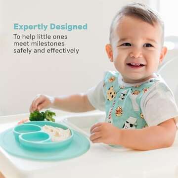ezpz Mini Mat for 12 Months+ (Aqua) - 100% Silicone Baby Plates with Suction and Built-in Placemat for Infants + Toddlers - Baby Led Weaning - for Highchair, Dining Table and Travel