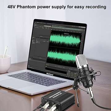 Aokeo 1-Channel 48V Phantom Power Supply with Adapter and Bonus XLR Microphone Cable